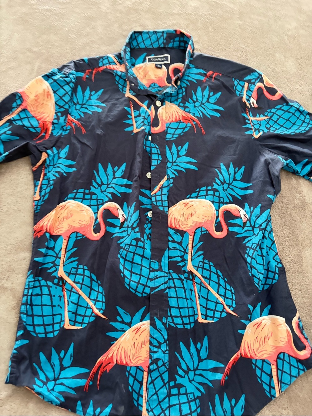 Mens Club Room Navy Button-Down Shirt with Coral Flamingo & Teal Pineapple Print